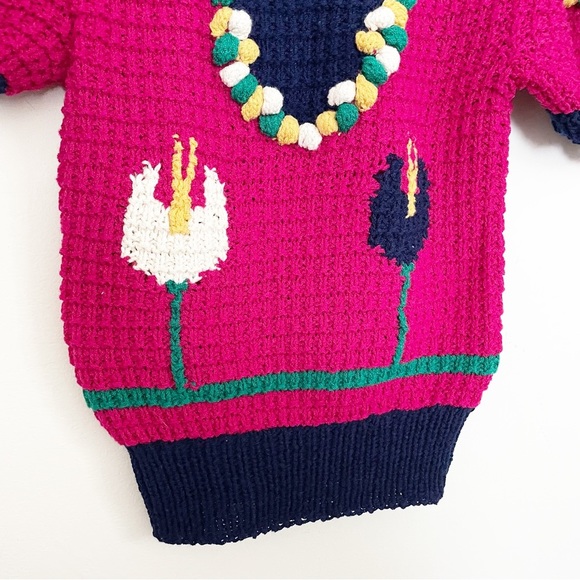 Vintage Puff Sleeve Pom Pom Bauble Knit Sweater Tulip Floral Pattern Size Small - Picture 8 of 8